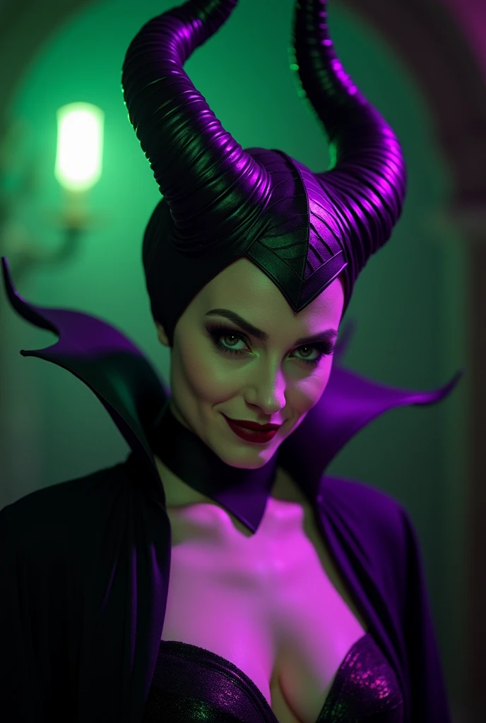 A stunning portrait of Maleficent, emphasis on her horns, purple highlights, purple reflected light, in the nude, young and beautiful, hyper realistic, real portrait, backlit, exquisite features, cleavage, sexy, seductive, unnatural light, soft light, location is the interior of a dungeon, green light, eerie, purple highlights:1.4, she is smirking, she is busty, her chin is raised, looking down at viewer, low angle shot, exquisite features, exotic, high cheekbones