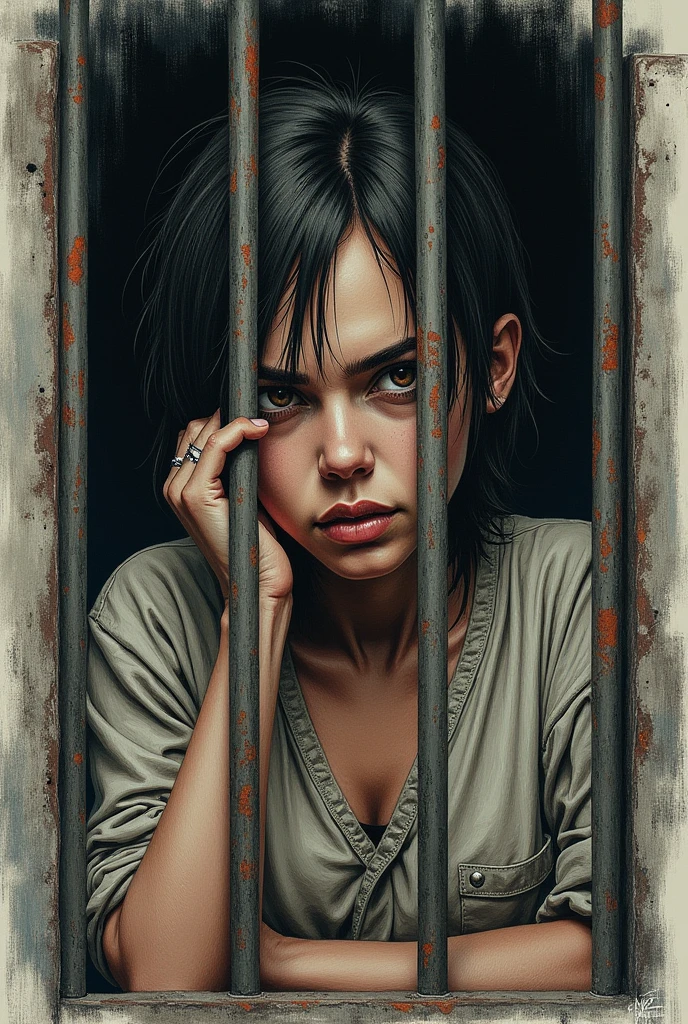 drawn in the form of a colored drawing, a prisoner is behind bars reflecting