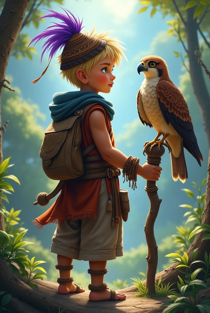 1 human boy, short blonde hair and dull blue eyes, 1.70m high. tanned skin. Wears shaman apprentice attire. With tribal hat with violet feather. He uses a druidic staff as a weapon and has a small falcon as a companion.