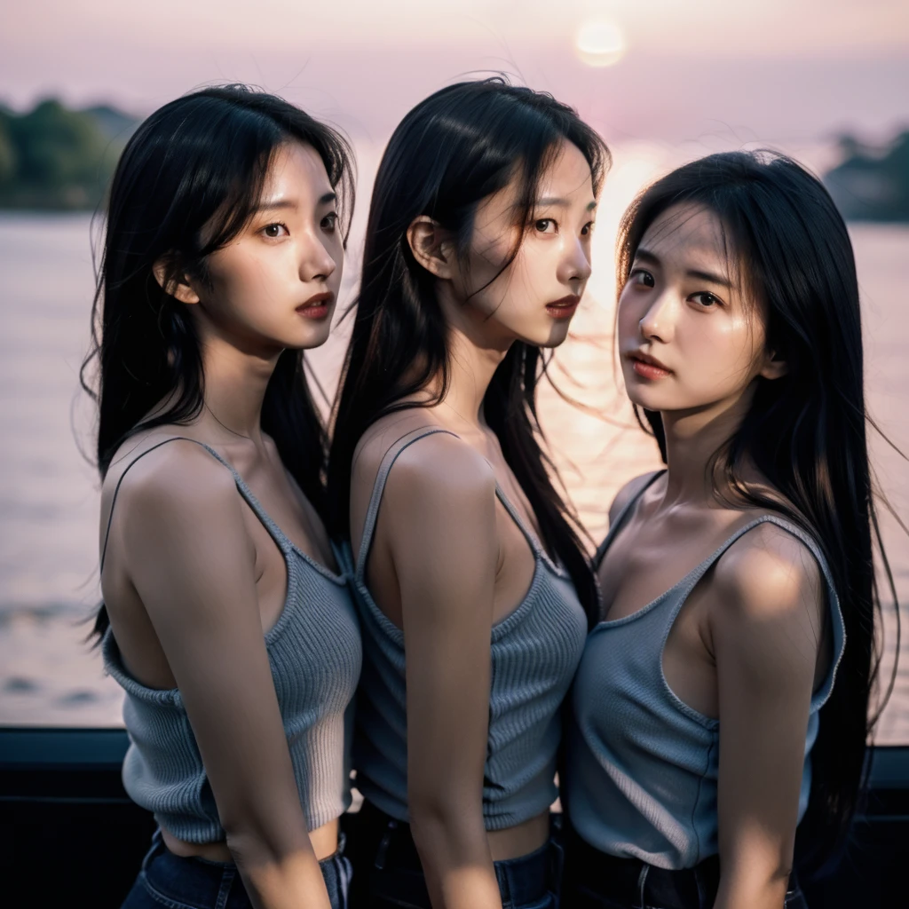 Identical twin sisters looking at the camera side by side，Idol，mannequin，Profound，picture，movie，profile，return，Please turn away from the camera，（Mess hair：1.5），Look at the sky，skinny，Mom，clavicle，teeth，Long Hair，movie，Dark blue camisole vest，photograph，Sunset by the lake，Enhances eye contact with the camera