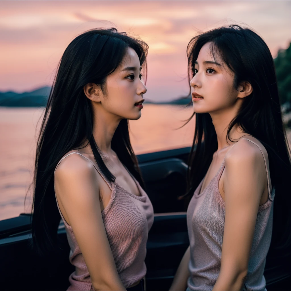 Identical twin sisters looking at the camera side by side，Idol，mannequin，Profound，picture，movie，profile，return，Please turn away from the camera，（Mess hair：1.5），Look at the sky，skinny，Mom，clavicle，teeth，Long Hair，movie，Dark blue camisole vest，photograph，Sunset by the lake，Enhances eye contact with the camera