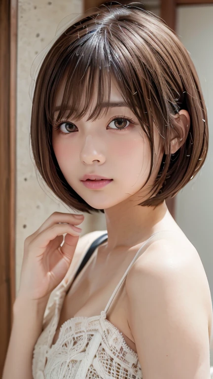 Highest quality, Face Focus, Soft Light, Ultra-high resolution, (Realistic:1.4), RAW Photos,
One of the Japan, alone, cute, (pupil, light in your eyes),  Beautiful face in every detail, (),(High resolution detail of human skin texture),
(Bobcut)、Loose and fluffy hair、Please raise your hand、Place your hands behind your head、blush、
indoor,
topless,From below、
(Portraiture)