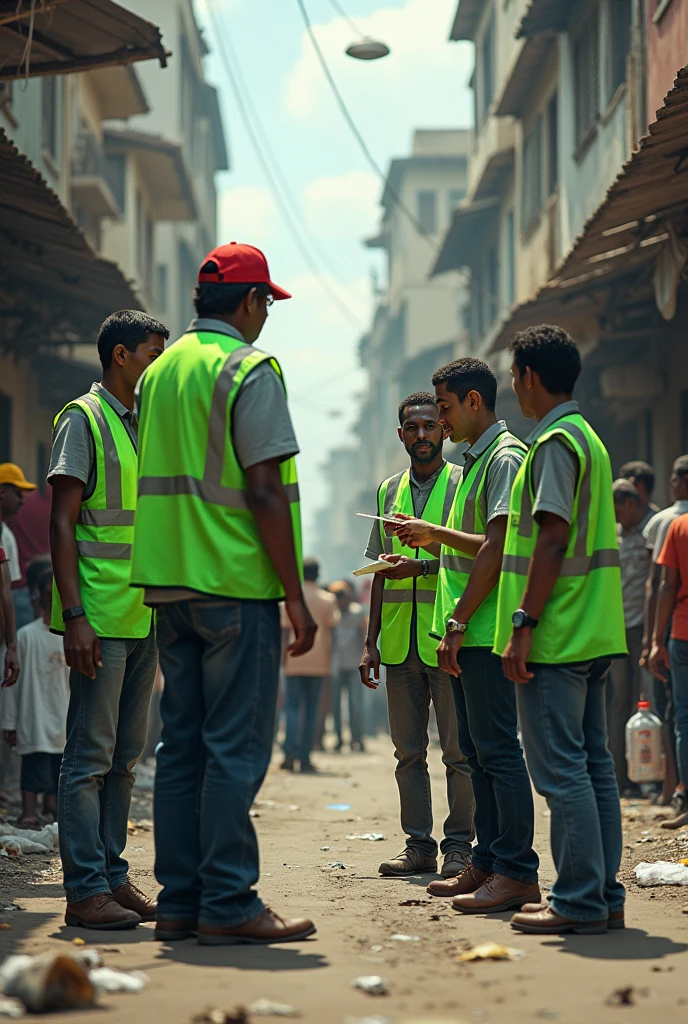 People in green vests registering on the poor streets, ecological and environmental image 