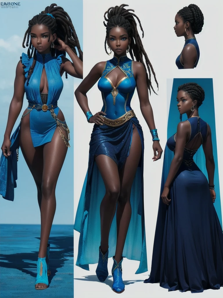 ((best quality)), ((4k)), ((highres)), ((masterpiece:1.2)). ((detailed)), ((ultra realistic)), ((intricate details)), ((full body picture)), ((character design sheet)), ((blank background)), a full body picture of a beautifull ebony female, young black woman, african princess, african model, perfect face, gorgeous face, detailed eyes, detailed lips, ((vivid blue eyes)), about 1, about 5'5 ft. tall, long thin dreadlocks, ((emphasis on her long thin dreadlocks)), dreadlock beads ((emphasis on her dreadlock beads)), athletic body, dressed in a sleeveless blue tank top and a floaty blue ruffle mini skirt ((emphasis on her sleeveless blue tank top and a floaty blue ruffle mini skirt)), dark blue and light blue outfit, ((emphasis on dark blue and light blue outfit)), multi-colored outfit, ((emphasis on multi-colored outfit)), multiple shades of blue dress, ((emphasis on her multiple shades of blue dress)), turquoise outfit, blue boots, princess, african sea goddess character concept, superhero character, superhero concept art, superhero character concept art, full body, full body concept art, full body art, splashes of water in the background