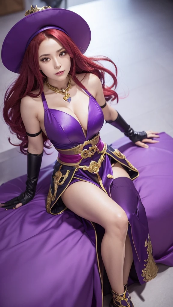Create a live-action image of the gender-swapped version of Chamoro (Mara) from Dragon Quest VI. The character should have long, flowing red hair, which is entirely covered by a hat in the same purple and yellow color scheme as the outfit. The female version has a larger chest, with the original outfit modified to emphasize this feature. The outfit should be divided evenly into purple and yellow, with each color covering half of the dress. The dress is more form-fitting, with a lower neckline to reveal prominent cleavage and a shorter skirt to highlight her curves. The character should wear glasses and matching purple gloves. The background should reflect the enchanting, magical world of Dragon Quest VI, evoking a sense of fantasy and mystique. The overall look should stay true to the character’s origins, translating it into a realistic, live-action style that highlights her feminine features while maintaining the original color scheme and design of her clothing.