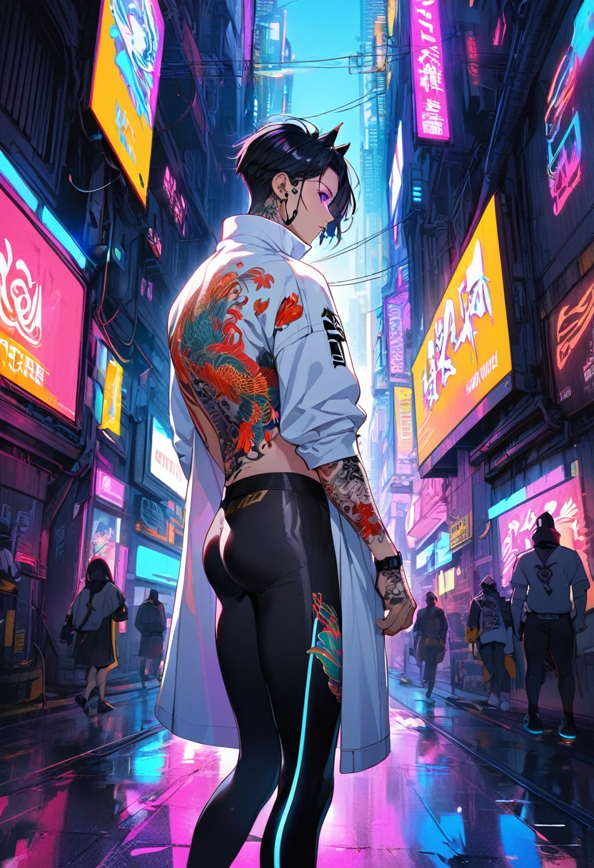 1man, short black hair,fox ears, purple eyes, wearing a white coat, leggings, wearing black undershirt, tattoos on arms,  colorful koi tattoos, showing body, cyberpunk, profile picture perspective, neon