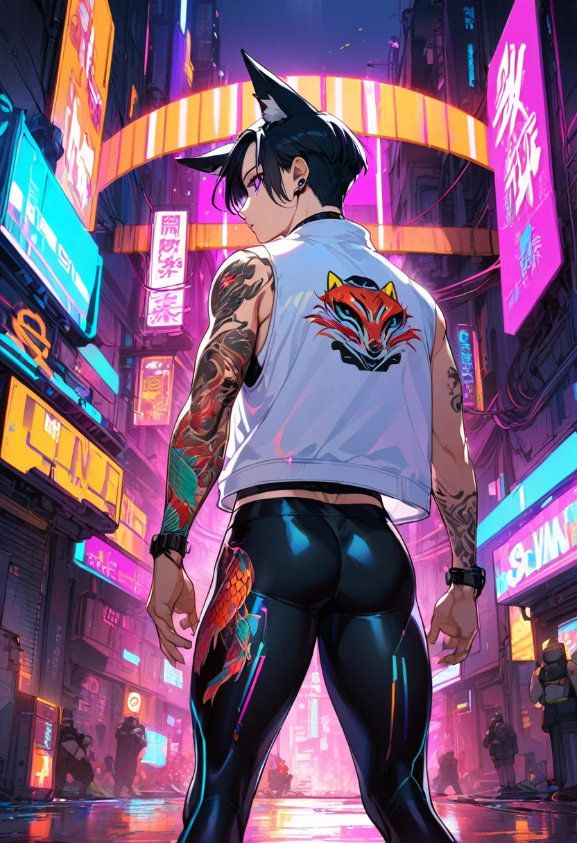 1man, short black hair,fox ears, purple eyes, wearing a white coat, leggings, wearing black undershirt, tattoos on arms, colorful koi tattoos, showing body, cyberpunk, profile picture perspective, neon