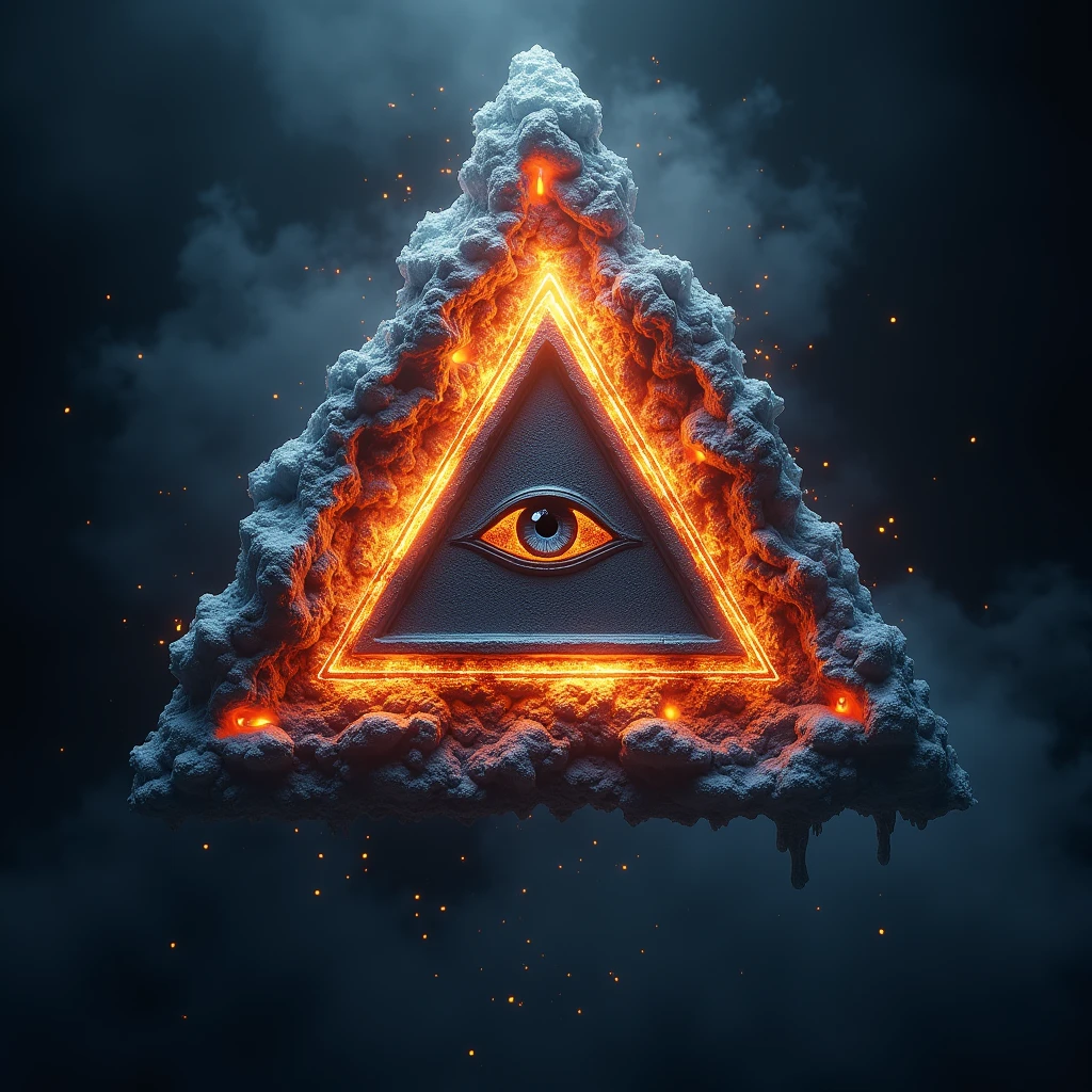 logo design, small text logo "ALTAR", the all seeing eye, inside triangle, fire and ice as complex background, 3D, extreme detail, ultra-realism, masterpiece, 4k, cinematic lighting