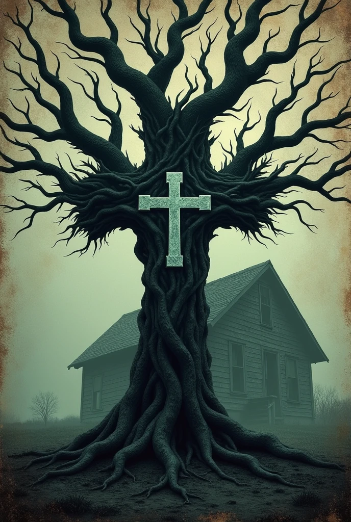 Create a cover for my book which is about horror ,His name is evil root. There has to be a tree, the name evil root, and a cs. Make a vintage image that is a little minimalist, but make it more terrifying. Make it more realistic, and less likely to have the name evil root and have a little house nearby, but with the appearance of an old cover and with the name evil root in the middle and with a very haunted appearance, a little more realistic, with the cross stuck in the trunk of the tree with nothing written underneath. A scarier cover with realism, with a cross shape, but with a lot of realism and very scary.