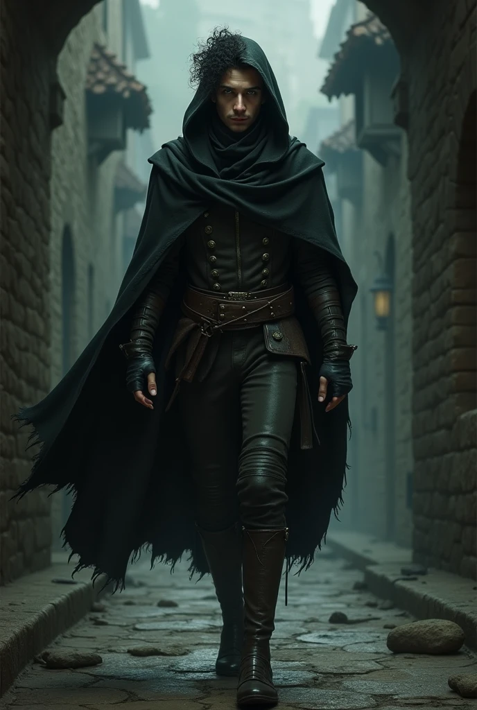 A thief of , naughty man, with pale skin, 1,70 tall. He has striking green eyes and curly black hair.. Your build is thin, and he wears leather clothes with a hood, typical of the medieval era. His expression is cautious, befitting his suspicious nature as he navigates the shadows.