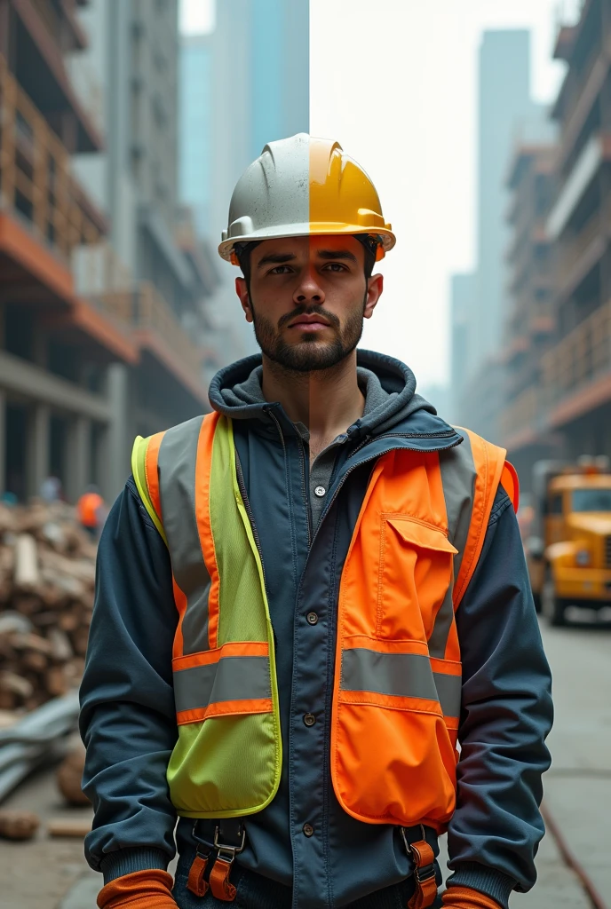 Make a very creative semi-realistic style image of what a worker can look like working safely on a civil construction site. More creative, super mega creative crop. Make an image with a line down the middle and on one side make it have none of the safe things and on the other half make it have all the safety implements, not the same person and on one side it is safe and on the other side it has nothing. Make the line in the middle and on one side it has no safety accessories and on the other side it has all the safety accessories.