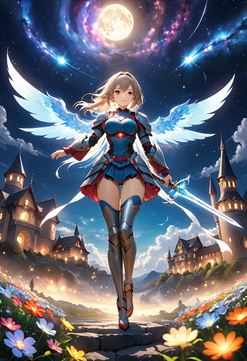 Highest quality, Great quality, 16K, Unbelievably absurd, Very detailed, 2.5D, delicate and dynamic, Small faint lights and flying fireflies, night, Starry Sky, milky way, nebula, shooting star, Flowers, bird, Wind and Moon, Castle in the Sky, erotic, Only sexy women, Healthy body shape, 2. Women, Asura, Height: 170cm, 8 heads, Large, firm, swaying bust, A colorful holy sword, Full Body Metal Armor, Complex Armor, Brightly colored armor,