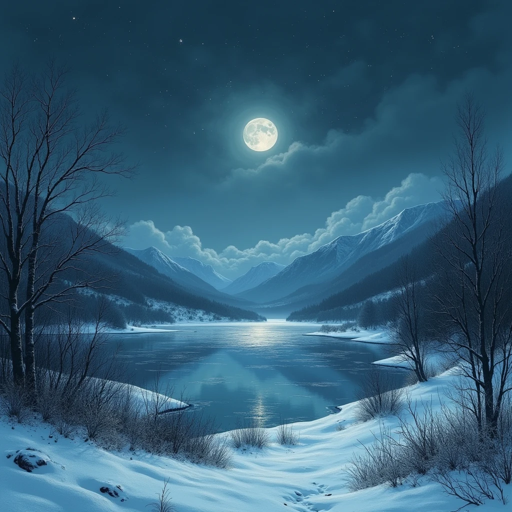 A gloomy winter landscape, with hills covered in snow and ice under the light of the full moon. At the center of the scene, a completely frozen lake reflects the starry sky. The bare trees, covered in frost, stand majestically along the shores of the lake. In the distance, the snow-capped mountains rise against the horizon. The atmosphere is cold and sad, with a slight bluish glow enveloping the entire landscape, creating a sense of chill and terror. In the style of Theodor Kittelsen.