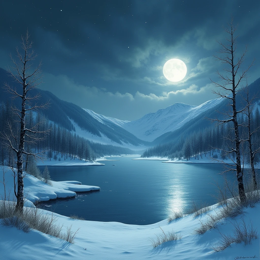 A gloomy winter landscape, with hills covered in snow and ice under the light of the full moon. At the center of the scene, a completely frozen lake reflects the starry sky. The bare trees, covered in frost, stand majestically along the shores of the lake. In the distance, the snow-capped mountains rise against the horizon. The atmosphere is cold and sad, with a slight bluish glow enveloping the entire landscape, creating a sense of chill and terror. In the style of Theodor Kittelsen.