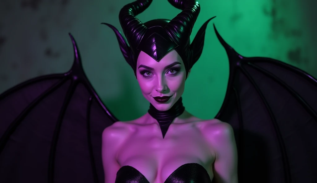 A stunning portrait of Maleficent, emphasis on her horns, purple highlights, purple reflected light, in the nude, young and beautiful, hyper realistic, real portrait, backlit, exquisite features, cleavage, sexy, seductive, unnatural light, soft light, location is the interior of a dungeon, green light, eerie, purple highlights:1.4, she is smirking, she is busty, her chin is raised, looking down at viewer, low angle shot, exquisite features, exotic, high cheekbones