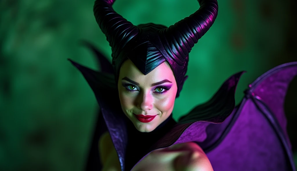 A stunning portrait of Maleficent, emphasis on her horns, purple highlights, purple reflected light, in the nude, young and beautiful, hyper realistic, real portrait, backlit, exquisite features, cleavage, sexy, seductive, unnatural light, soft light, location is the interior of a dungeon, green light, eerie, purple highlights:1.4, she is smirking, she is busty, her chin is raised, looking down at viewer, low angle shot, exquisite features, exotic, high cheekbones
