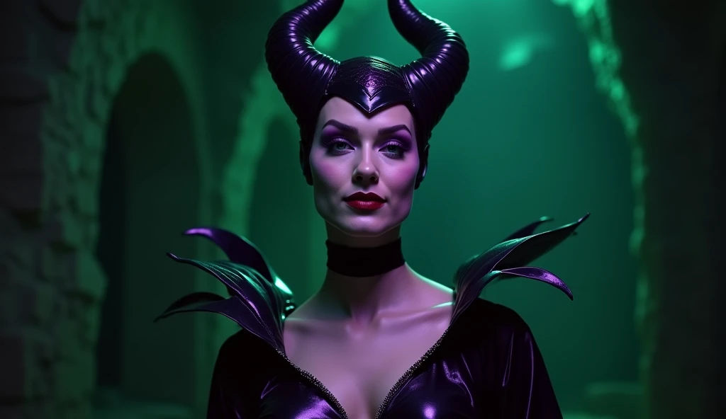 A stunning portrait of Maleficent, emphasis on her horns, purple highlights, purple reflected light, in the nude, young and beautiful, hyper realistic, real portrait, backlit, exquisite features, cleavage, sexy, seductive, unnatural light, soft light, location is the interior of a dungeon, green light, eerie, purple highlights:1.4, she is smirking, she is busty, her chin is raised, looking down at viewer, low angle shot, exquisite features, exotic, high cheekbones