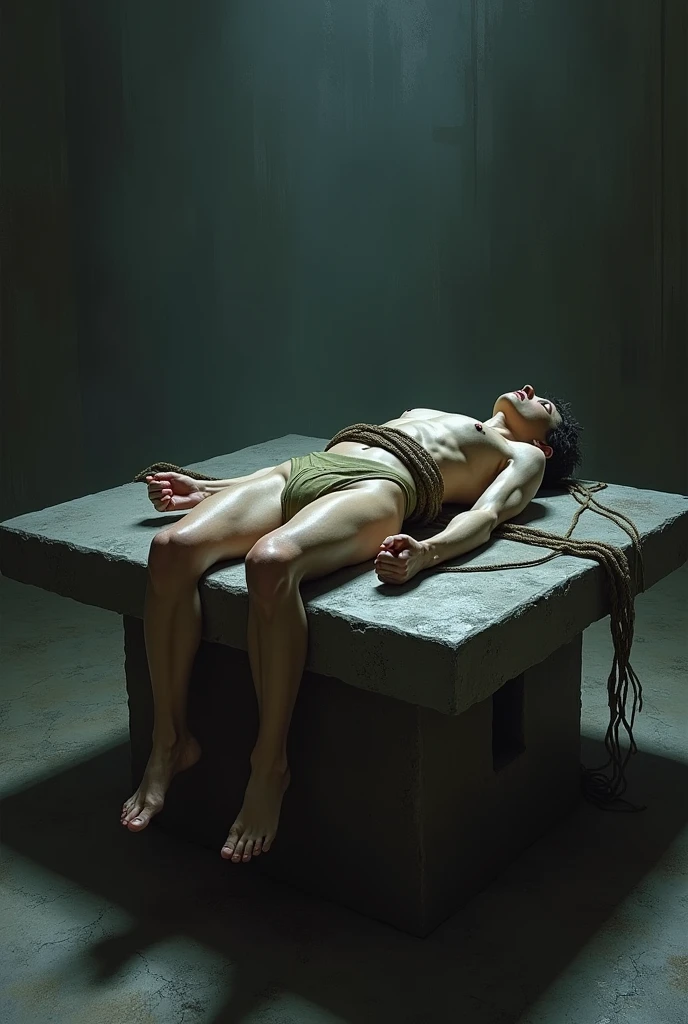 Here is a realistic description:

A  is lying on a stone table, your facial expression reveals fear and discomfort. His arms and legs are tied tightly with thick ropes, that cling to the corners of the table. His body is motionless, with visibly accelerated breathing, and his hands are clenched into fists. The cold surface of the stone table contrasts with the warmth of your skin, and small tremors run through your body. ao redor, the environment seems gloomy, lit only by a dim light that casts long, unsettling shadows on the walls.