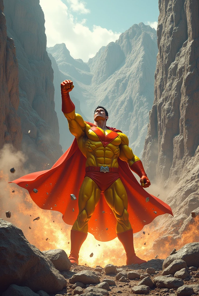 Hero with cape and glove destroying mountain with one punch, yellow and orange clothes, mountain with hole