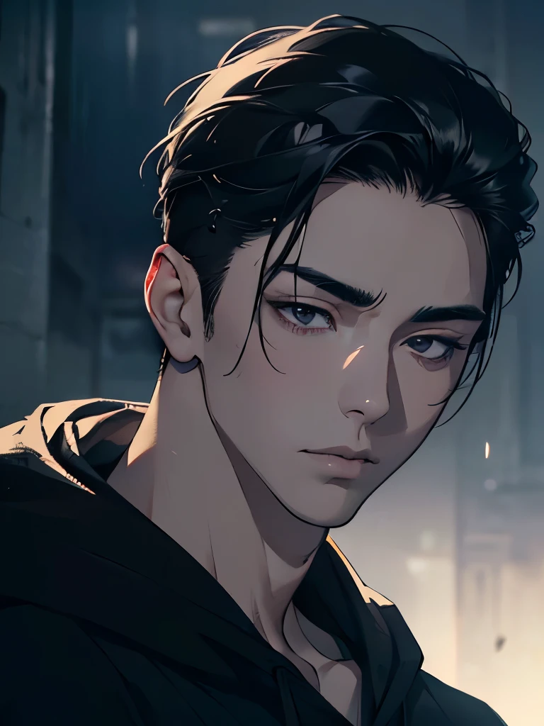a man, close-up portrait, asian man, pale skin, dark black eyes, half-closed eyes, small eyes, elegant, black hair slicked back, black hoodie, (best quality,4k,8k,highres,masterpiece:1.2),ultra-detailed,(realistic,photorealistic,photo-realistic:1.37),cinematic lighting,dramatic chiaroscuro,moody
