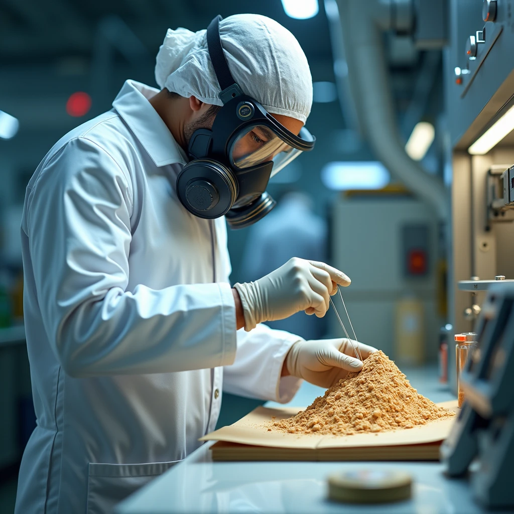 generates the image of a chemical laboratory worker with a white lab coat and a 3M respirator with dust and vapor filters, where you can see up close how it represents a mineral sample in powder form in four parts and how one part is placed inside a labeled envelope and in the background you should see a mineral sample crusher, This background display is required in Instagram post format