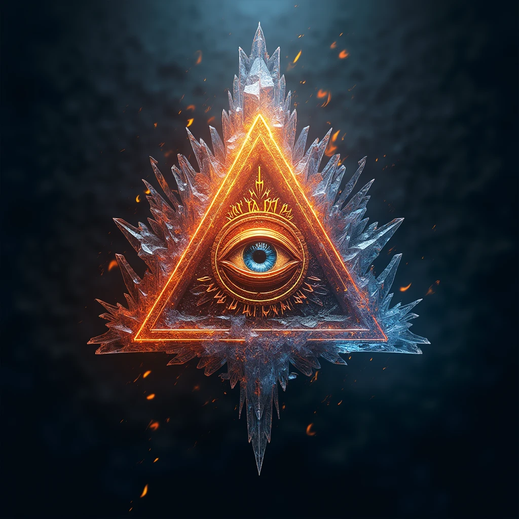 logo design, small text logo "ALTAR", the all seeing eye, inside triangle, fire and ice as complex background, 3D, extreme detail, ultra-realism, masterpiece, 4k, cinematic lighting