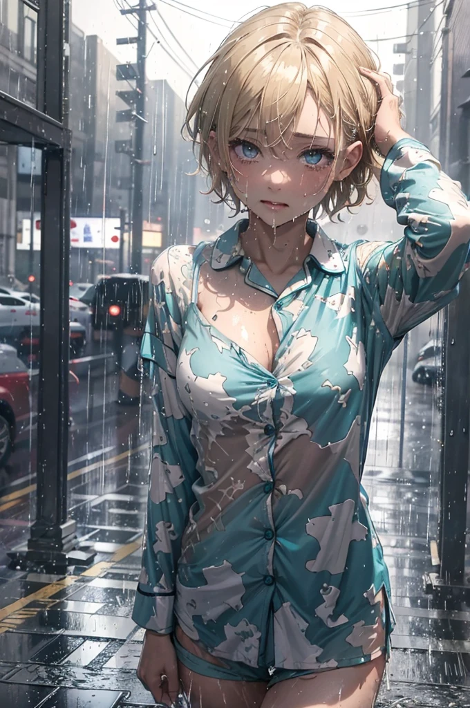 All of the pyjama shirt is equally wet all over, teal-coloured shirt, soaking wet, drenched to the bone, Outside in the dark dimly lit streets, wearing nothing but her pyjama shirt, patterned shirt, soaking wet, heavy rainfall, caramel-blonde hair, gorgeous amazing eyes, depressed purple eyes, crying, sad, very dark, nighttime, pyjama shirt clinging to her body from the rain, very short hair, coloured pyjama shirt, below the waist, tiny breas