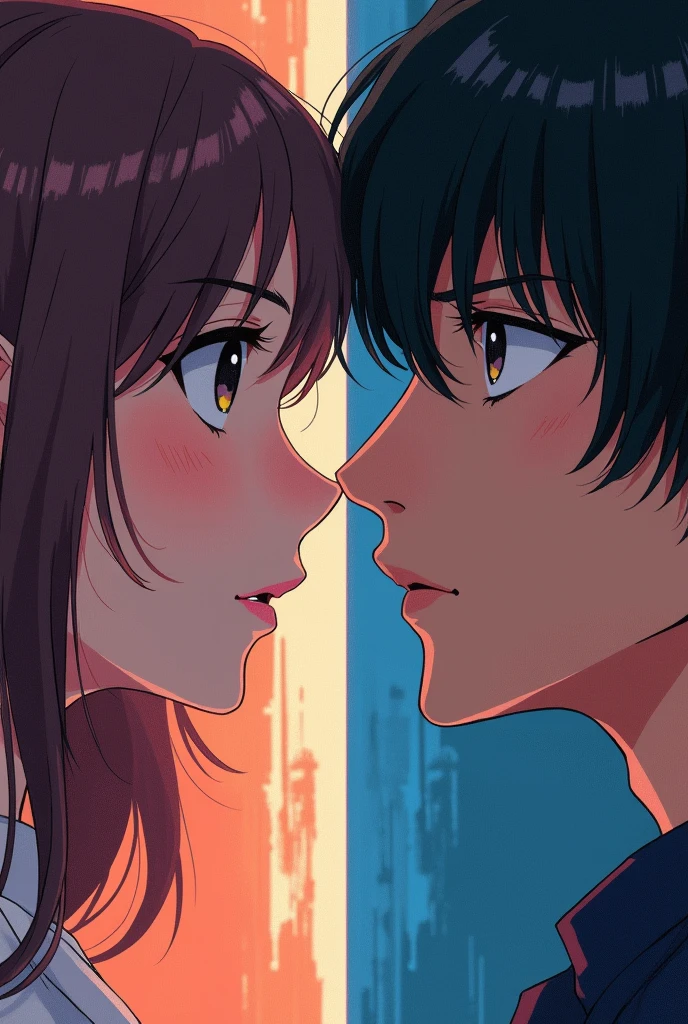 Take a picture with half of an anime woman and man's face looking at each other, separated by a wall