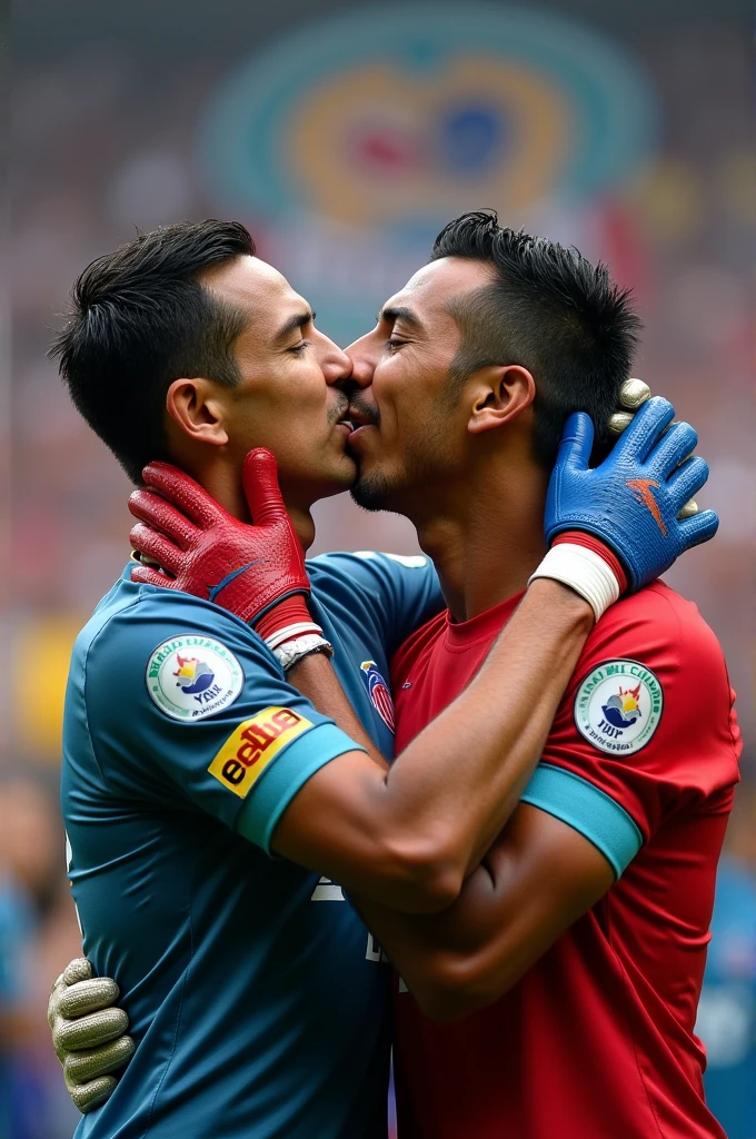 Chivas de Guadalajara player El Fofó bautista kissing the MX Cup with a red and a blue glove and the goalkeeper suit of the Chivas de Guadalajara, and in the background of the image a photo of the team symbol