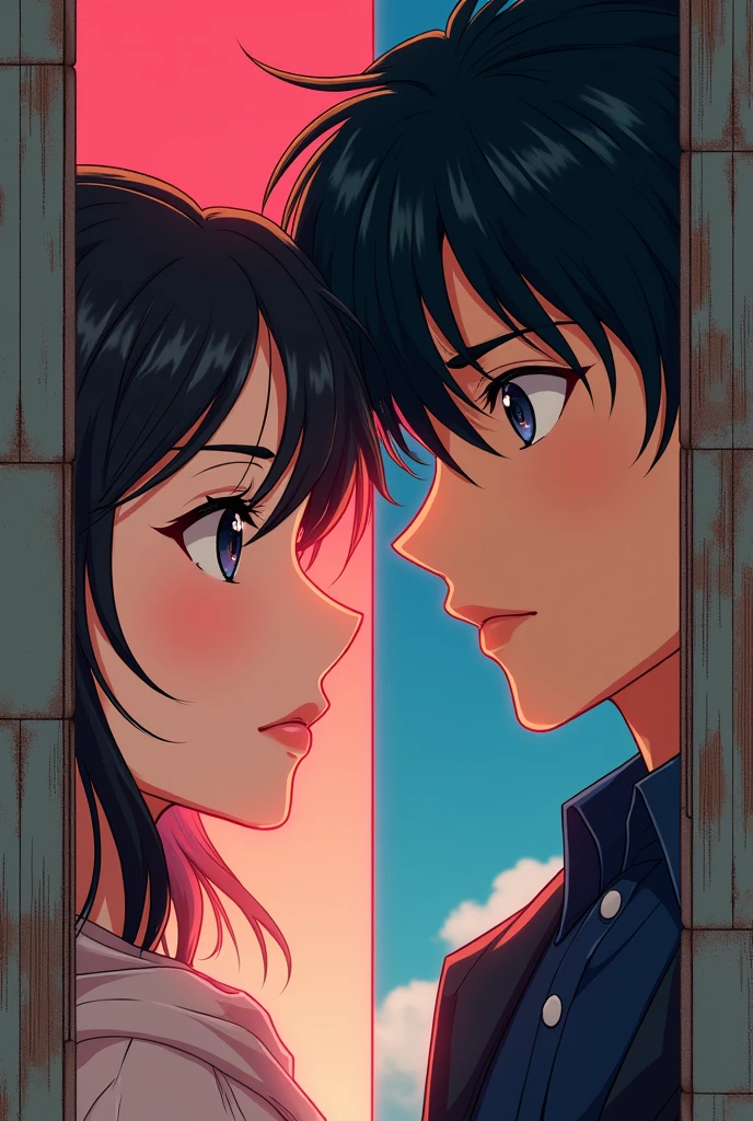 Take a picture with half of an anime woman and man's face looking at each other, separated by a wall