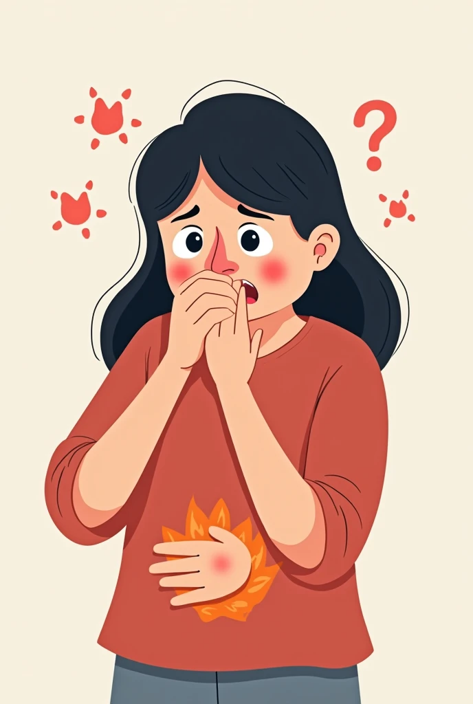I'm looking for an illustration of the feeling of wanting to vomit, with one hand holding his mouth and the other his stomach in the following style: drawing style: Modern and vector, with smooth, clean lines, and vibrant colors. Cartoonish but realistic. Color: Using a palette of bright and contrasting colors that are pleasant and eye-catching. FORMAT: Illustrations arranged in a book or manual style. This illustration is intended for a guidance and training manual, so it must be clear, accessible and visually appealing."