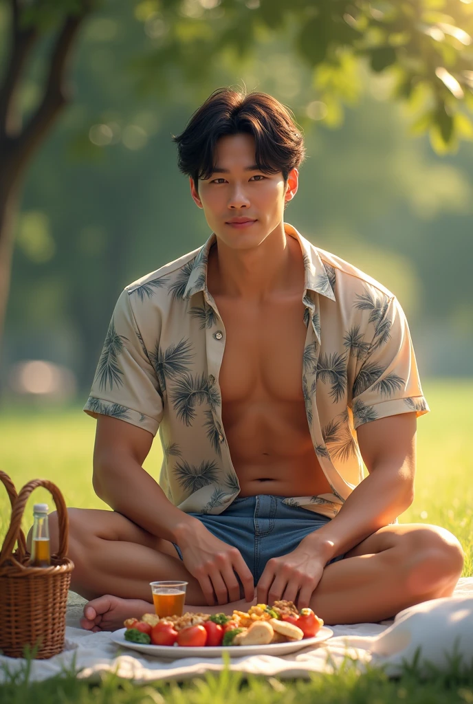 realistic, best quality, Masterpiece, very detailed, sexy, homosexuality, very handsome, 30-year-old Korean man with firm muscles, white skin, (((Muscle Bodybuilder))), (((big thighs))), Wearing an unbuttoned Hawaiian shirt and shorts, Sit and have a picnic, Food basket, Bottled beverages, laugh, looking at camera, at park, A very romantic atmosphere, perfect face, perfect finger, perfect hand, perfection