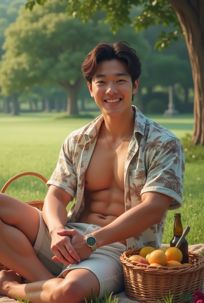 realistic, best quality, Masterpiece, very detailed, sexy, homosexuality, very handsome, 30-year-old Korean man with firm muscles, white skin, (((Muscle Bodybuilder))), (((big thighs))), Wearing an unbuttoned Hawaiian shirt and shorts, Sit and have a picnic, Food basket, Bottled beverages, laugh, looking at camera, at park, A very romantic atmosphere, perfect face, perfect finger, perfect hand, perfection