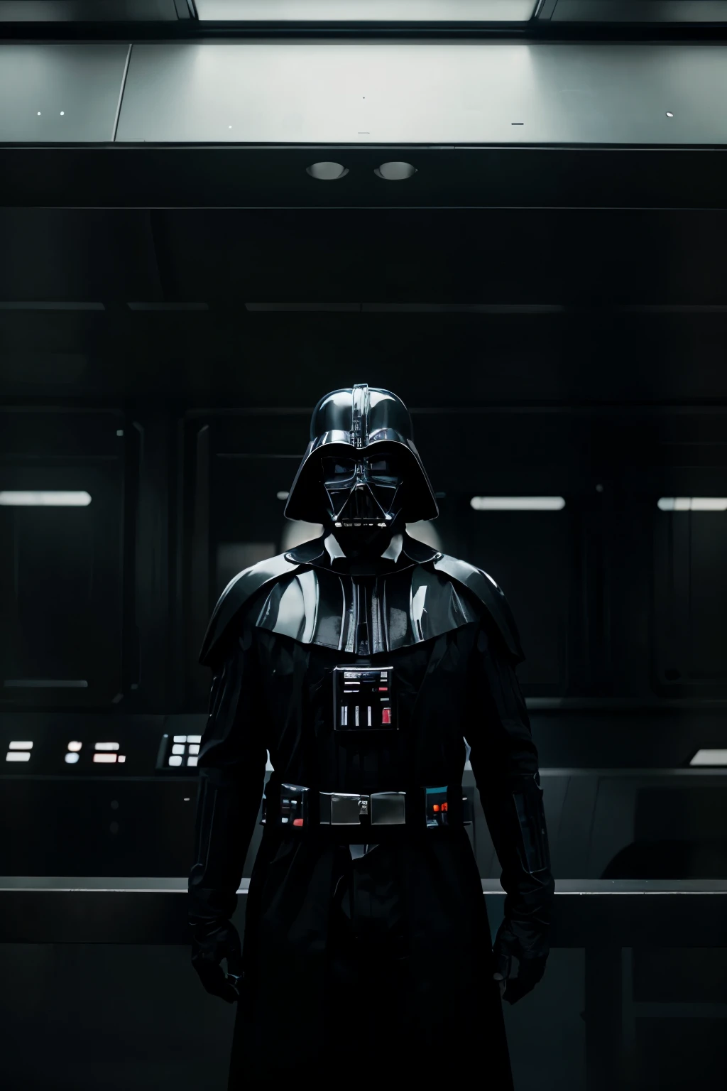 Darth Vader on the bridge of the death star. he faces directly toward us and holds both hands shoulder wide apart in front of his waist. A large window behind him displays stars and blackness.
