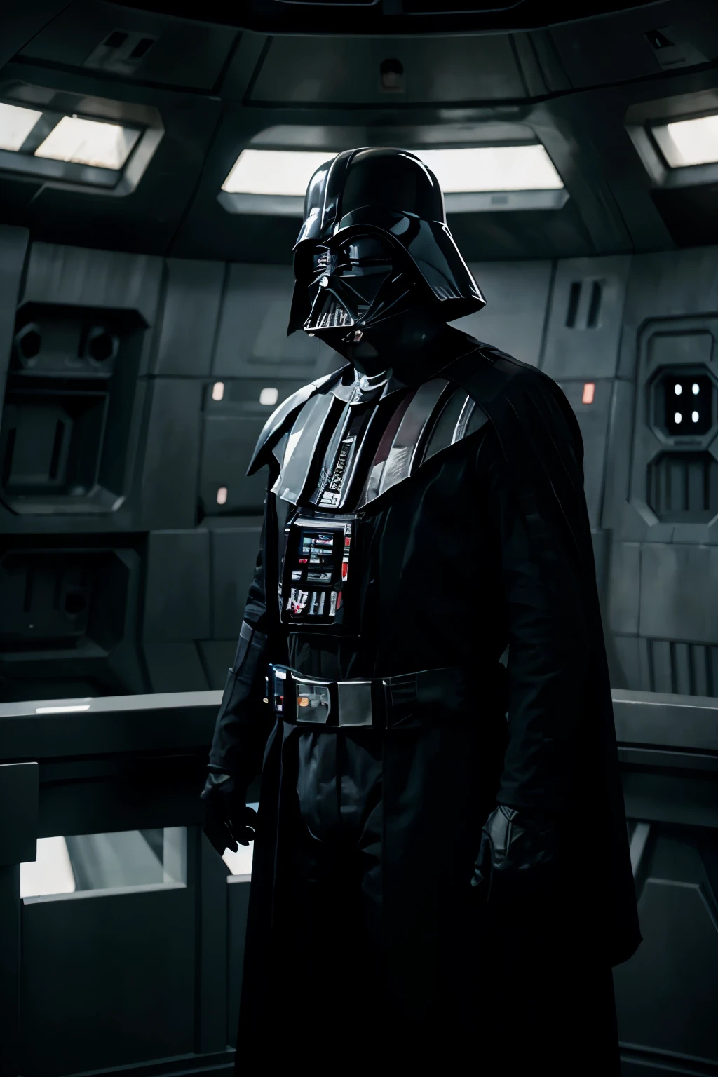 Darth Vader on the bridge of the death star. he faces directly toward us and holds both hands shoulder wide apart in front of his waist. A large window behind him displays stars and blackness.
