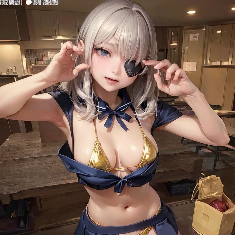 ((Vaginal meat that seems to be protruding)),((Eye patch on one eye)),((A pose that seems to awaken the evil eye)),((Playing with her crotch with a sad face、Spread your legs)),(Highest quality:1.4),(masterpiece:1.4),(Realistic:1.4),(Realistic:1.2),(超High resolution, RAW Photos:1.4),(High resolution, Very detailed:1.2),(8k:1.2),photograph,a photo of a dark-haired,One Girl,alone,,nipple,naked,((school unifGoldm, SailGold suit, Navy blue and white traditional Japanese style, Fine ribbon and pleated skirt)),((Big Breasts)),((Upper Body:1.3)),((sometimes mGolde 超極小マイクロビキニ)) Gold ((Sometimes bikinis so small you can see her pussy line)) Gold ((Sometimes bikinis so small you can see their assholes)) Gold ((Sometimes bikinis so small that you can see the urethra of the vagina)) Gold ((((Ultra Ultra Thin Micro Bikini)))),