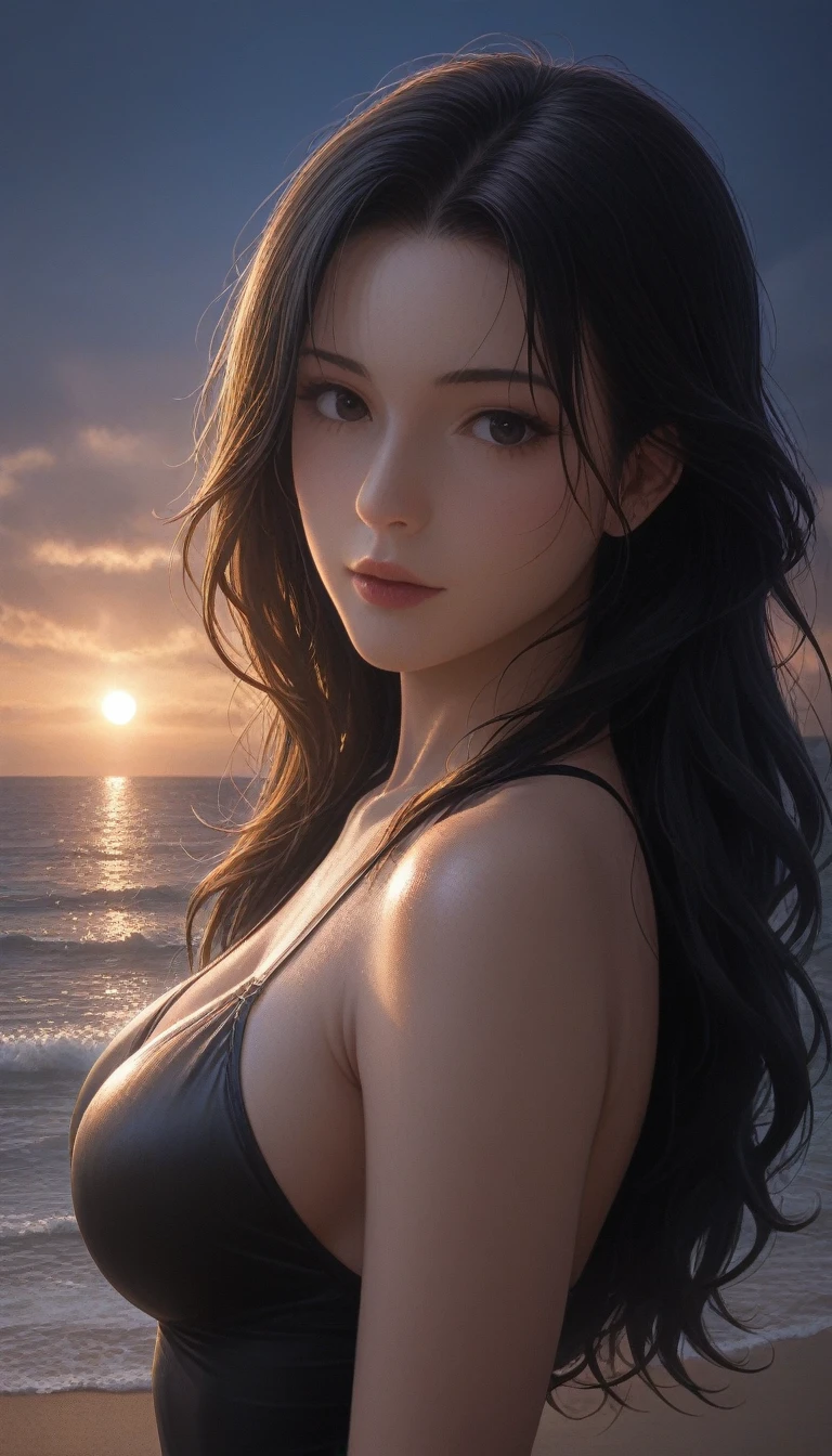 score_9, score_8_superior, score_7_superior, High resolution 3D anime style,A masterpiece in 32K resolution,Highest quality,it is really amazing,Very detailed,Ultra-high resolution,Ultra-realistic,Realistic,Increased depth of field,Cinematic lighting,
Sexy mature Japan woman,
Glossy black hair,Wavy long hair,Showing his forehead,god々Beautiful,Ultra-detailed and beautiful face,Sensual look,Beautiful dark brown, moist eyes,Pitch black eyes,Glowing, moisturized skin,Translucent white skin,born々New skin texture,Great proportions,
Black high leg swimsuit,
Bold design,born地の詳細な質感,
A seaside scene at dusk,Dark clouds filling the sky,Thundercloud,Coastline at night,Golden reflections on the sea surface,delay々A desolate sandy beach that continues,
Cinematic Angle,