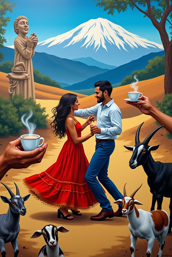 Please generate an image where there is a mural and that contains on the left side some hands holding coffee and in the background the snow-capped mountain of Huila. In the center there is a couple dancing the Sanjuanero from Huila and on the right side there are some small goats in the foreground, then in the background there are the statues of San Agustín and in the background the Tatacoa desert.