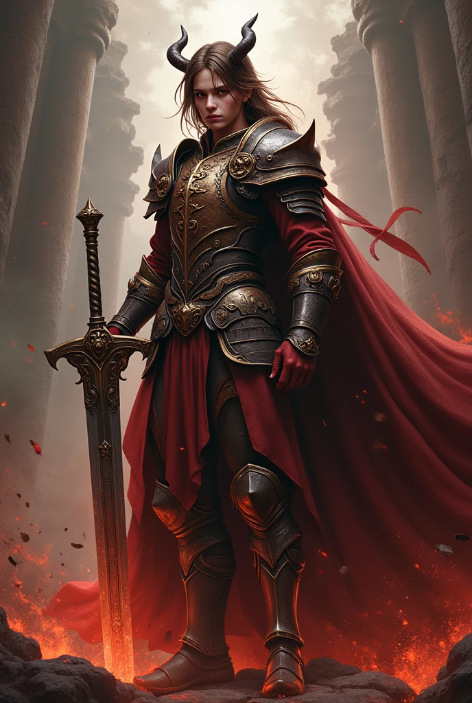 (photorealism:1.2), Paladin, medium armor, faithful, yung adult, brown hair, semidemon, hellish, red skin, demonic factions, great sword,