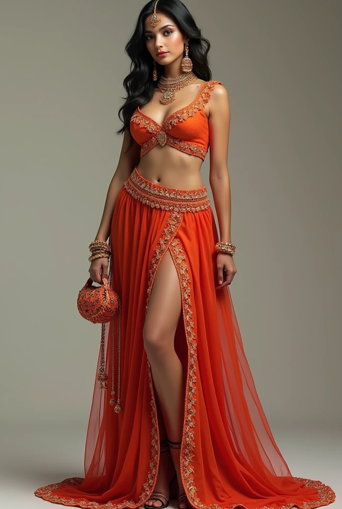 (Ultra-detailed, photorealistic, best quality, 4k,8k, highres, masterpiece:1.3), Featured is a Tawaif, a courtesan from the Indian subcontinent, ((who embodies the essence of mature allure, sophistication, and grace)), (((She boasts an elegant stature, complemented by a traditional figure, a slender waist, and well-sculpted features, epitomizing the quintessential Indian beauty))), (She is adorned with dark, lustrous hair), (striking almond-shaped eyes), ((and a fair complexion)), enhanced by vibrant, expressive makeup, (((She exhibits an exquisite traditional ensemble which has been modernized into a more sexy and daring outfit. This outfit still maintains elements of the traditional 'Lehenga Choli', but with a shorter, form-fitting blouse known as choli, and a thigh-high slit in the skirt known as lehenga, offering a traditional yet fashionable twist. She also wears traditional 'Kundan Jewelry', 'Anklets', and carries a 'Potli Bag'))), (The vibrant, daring lehenga choli presents a striking contrast against her fair skin), She is portrayed posing elegantly in her outfit, (exceptionally detailed:1.3),, super finely detailed hands, ultra finely detailed fingers(((ten fingers))), (posing elegantly), (full body showcase), (show full body), (no logos in the background), (no logo).
