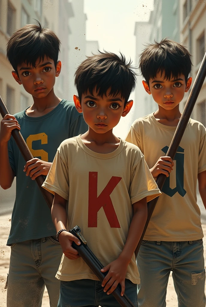 Three boys, one dark-skinned and two skin-colored, with weapons and on their shirts the letter (s) the other the letter (k) and the other (D)