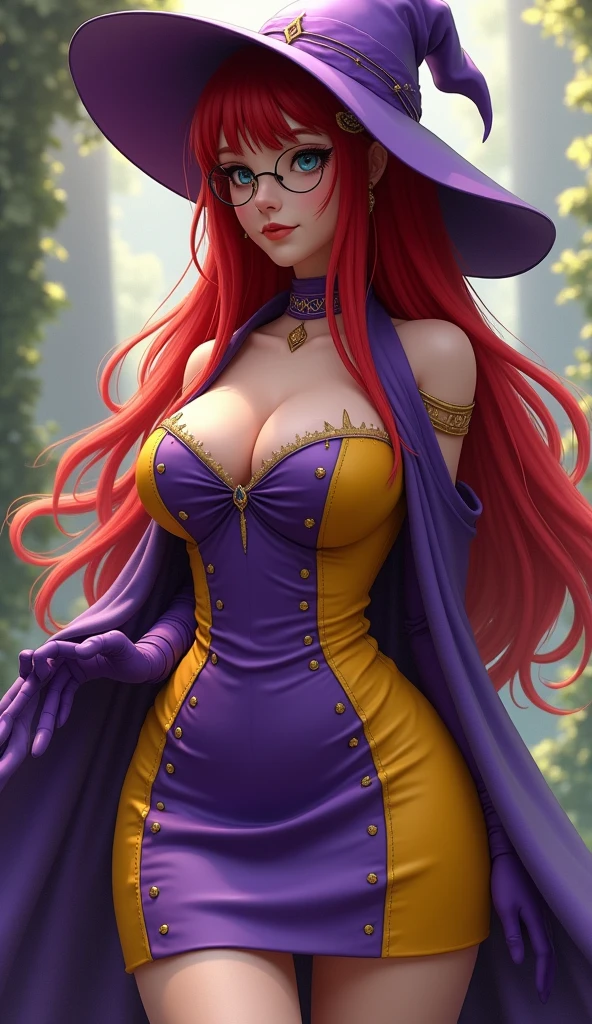 Create a live-action image of the gender-swapped version of Chamoro (Mara) from Dragon Quest VI. The character should have long, flowing red hair, which is entirely covered by a hat in the same purple and yellow color scheme as the outfit. The female version has a larger chest, with the original outfit modified to emphasize this feature. The outfit should be divided evenly into purple and yellow, with each color covering half of the dress. The dress is more form-fitting, with a lower neckline to reveal prominent cleavage and a shorter skirt to highlight her curves. The character should wear glasses and matching purple gloves. The background should reflect the enchanting, magical world of Dragon Quest VI, evoking a sense of fantasy and mystique. The overall look should stay true to the character’s origins, translating it into a realistic, live-action style that highlights her feminine features while maintaining the original color scheme and design of her clothing.