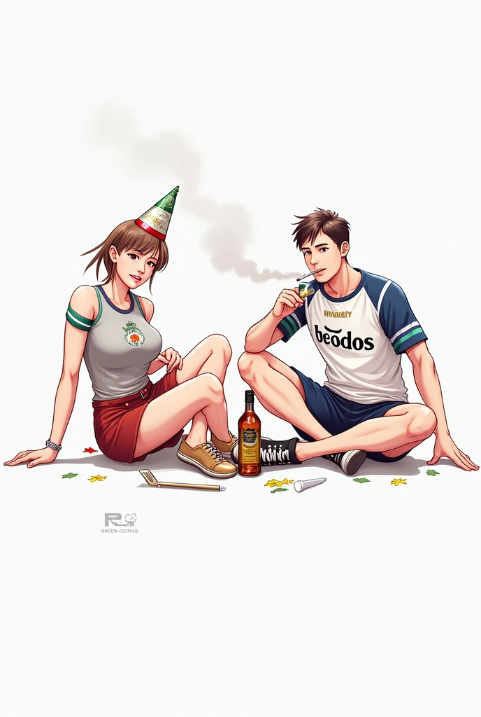 Generate realistic style image of a man sitting on the floor smoking a cigarette, woman sitting on the floor drinking a bottle of whiskey, Text "BEODOS" sports t-shirt style, real people, happy, fiesta 