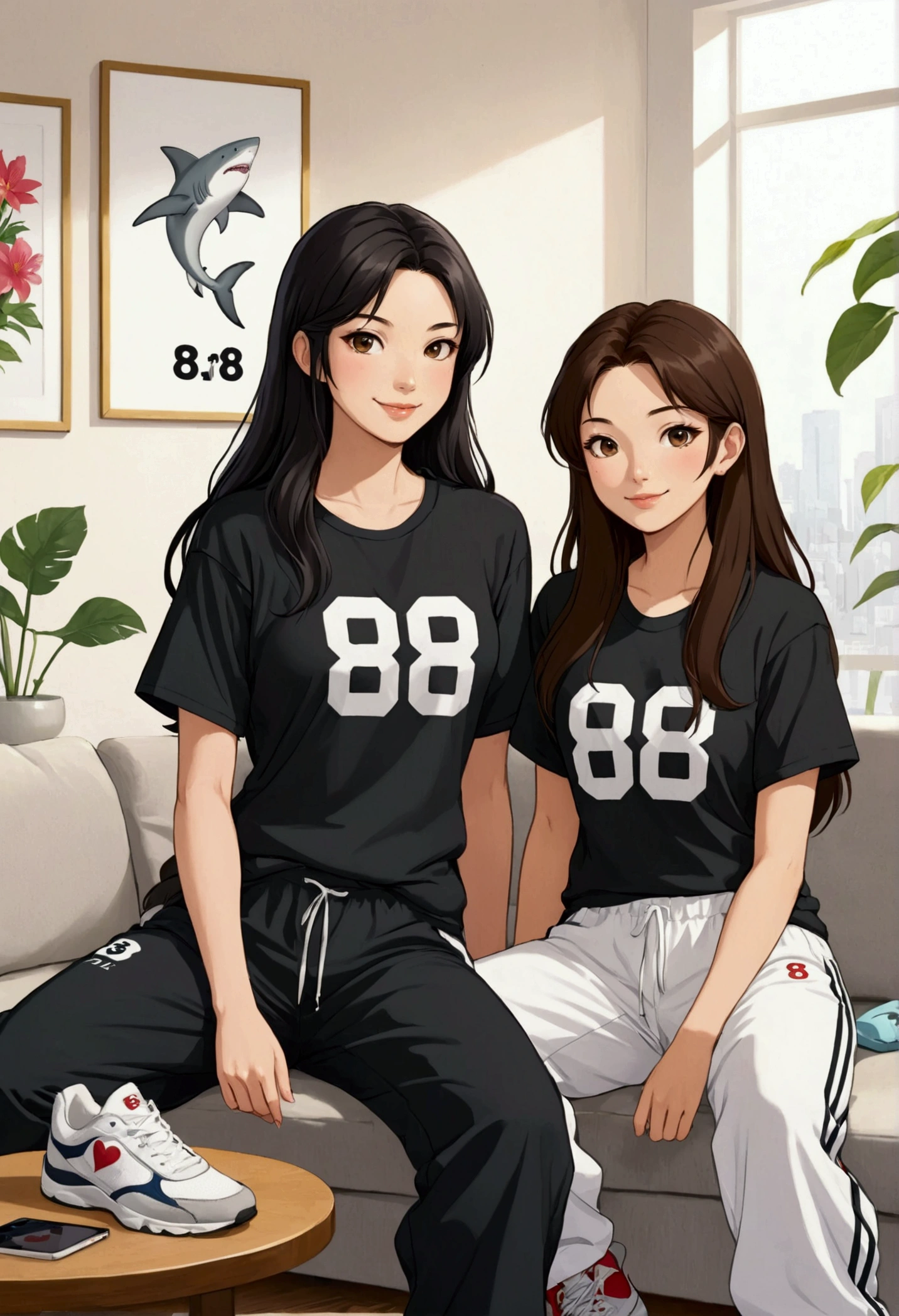 Create a beautiful anime-style image of two beautiful young girls in love. One is a beautiful Asian girl with long black hair, wearing a white short-sleeved T-shirt with the number "88" on the chest in white and baggy black sports pants; next to her is a beautiful British girl with light brown hair who is wearing a black T-shirt with a drawing of a grey shark on the chest, she is wearing baggy sports pants, and both are wearing sneakers on their feet. They are sitting on a sofa answering questions in an interview. They are smiling and relaxed.