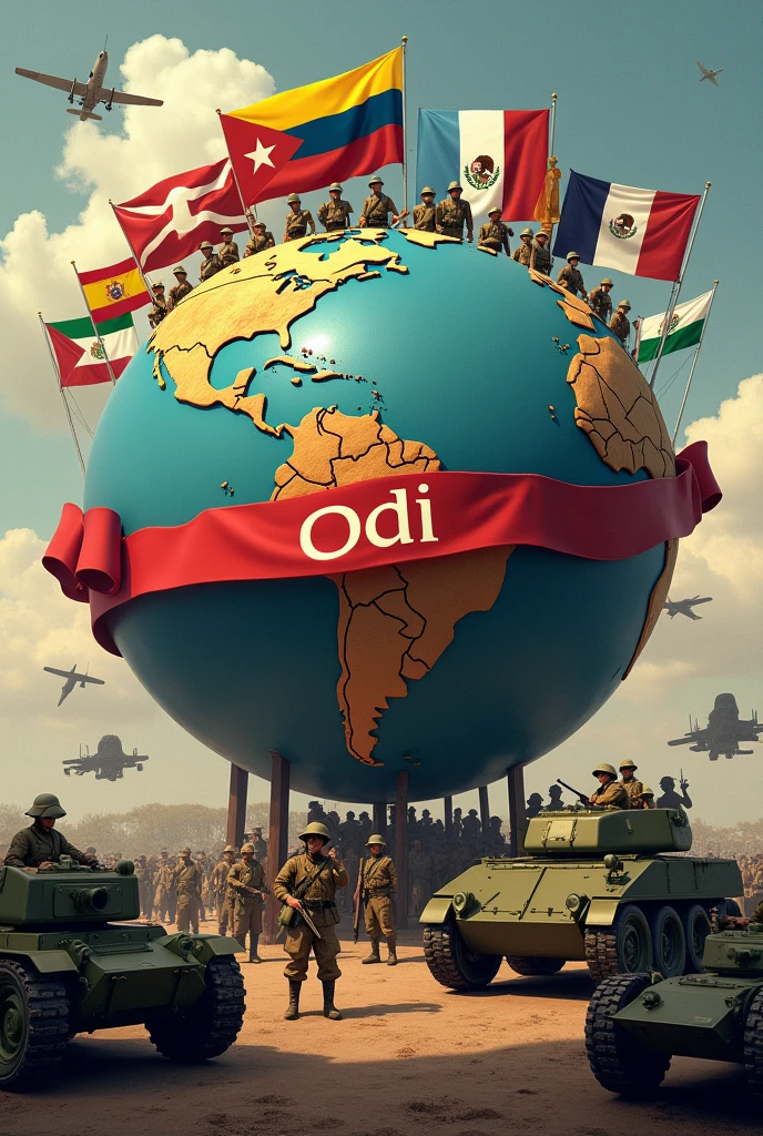 Orb with the flags of Venezuela, argentina,Spain, Chile,Costa Rica , Peru, Bolivia ,Mexico,around,inside the globe soldiers of the First World War with weapons, armored tanks and bombers in front the name ODI inside a red ribbon