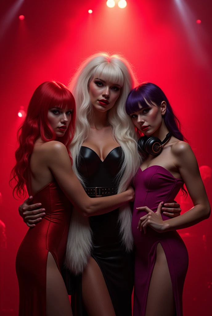 A woman with long, white hair with bangs and waves,She will wear a dress like Cruella's and a black and white fur coat.,She will be hugging a red-haired woman who will be wearing a red dress and a purple-haired woman who will be wearing a purple and red dress and headphones around her neck.,they will be at a singer's concert and there will be red lights