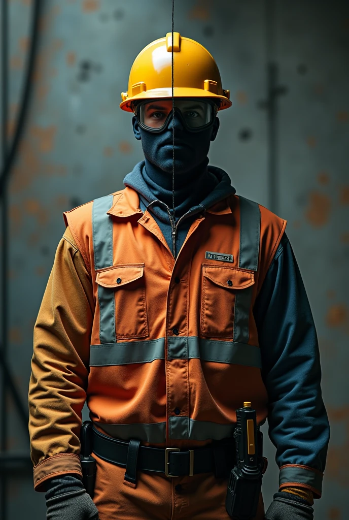 Make a very creative semi-realistic style image of how a worker can look working safely on a civil work More creative super mega creative recotr Make an image with a line in the middle and in one part make it not have any of the safe things and in the other half make it have all the safety implements not that it is the same person and that on one side it is safe and on the other side it has nothing make the line in the middle and that on one side it does not have the safety accessories and on the other side it has all the safety accessories But that on one side it has nothing and is wearing normal clothes and on the other side the safety elements appear pointing out in the subject where it goes for example if the helmet goes on the head that an image of a helmet appears pointing to the head