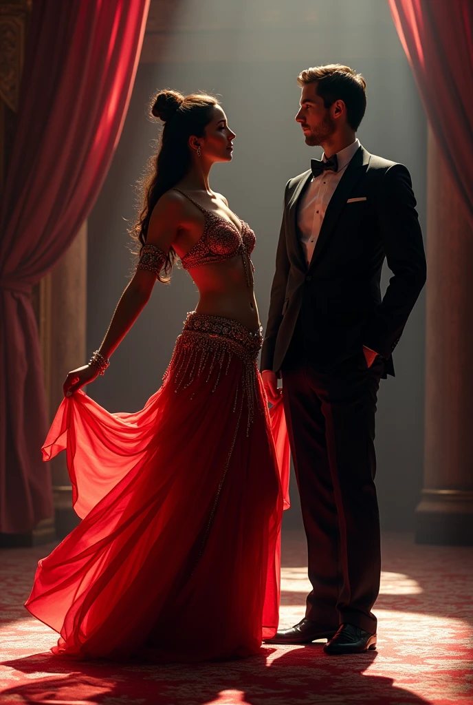 Female belly dancer accompanied by her husband wearing a tuxedo