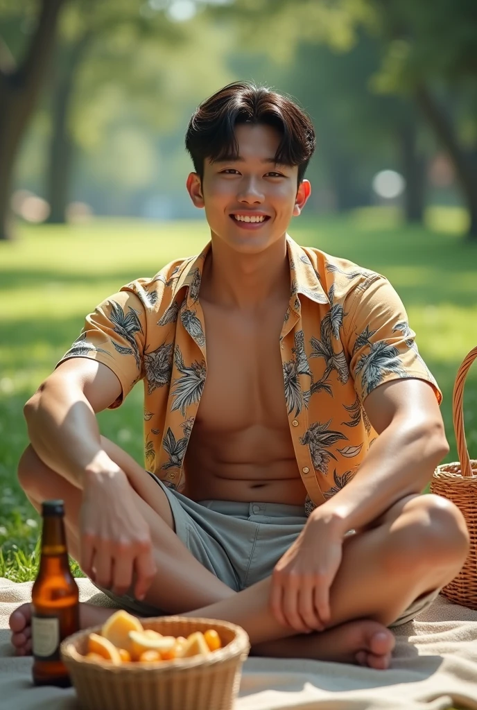 realistic, best quality, Masterpiece, very detailed, sexy, homosexuality, very handsome, 30-year-old Korean man with firm muscles, white skin, (((Muscle Bodybuilder))), (((big thighs))), Wearing an unbuttoned Hawaiian shirt and shorts, Sit and have a picnic, Food basket, Bottled beverages, laugh, looking at camera, at park, A very romantic atmosphere, perfect face, perfect finger, perfect hand, perfection