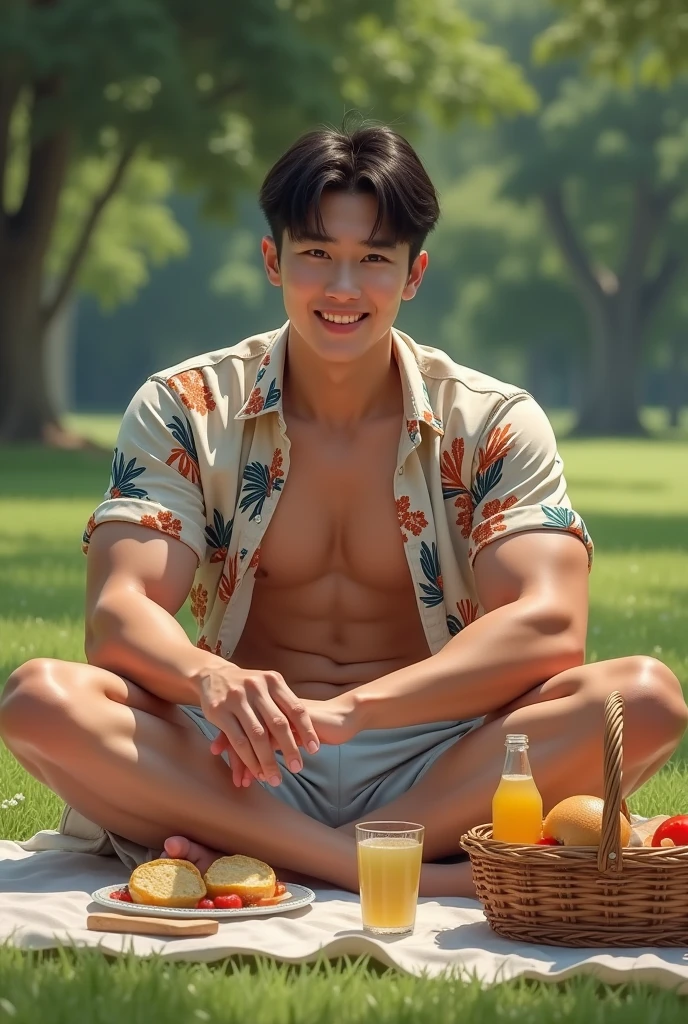 realistic, best quality, Masterpiece, very detailed, sexy, homosexuality, very handsome, 30-year-old Korean man with firm muscles, white skin, (((Muscle Bodybuilder))), (((big thighs))), Wearing an unbuttoned Hawaiian shirt and shorts, Sit and have a picnic, Food basket, Bottled beverages, laugh, looking at camera, at park, A very romantic atmosphere, perfect face, perfect finger, perfect hand, perfection